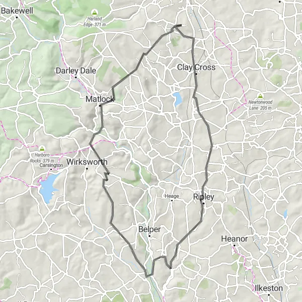 Map miniature of "Wingerworth to Alfreton Loop" cycling inspiration in Derbyshire and Nottinghamshire, United Kingdom. Generated by Tarmacs.app cycling route planner