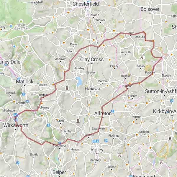 Map miniature of "The Bolehill Loop" cycling inspiration in Derbyshire and Nottinghamshire, United Kingdom. Generated by Tarmacs.app cycling route planner