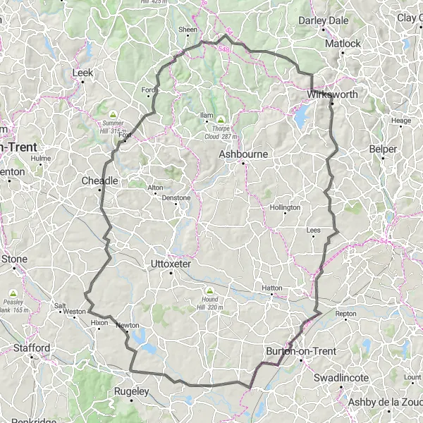 Map miniature of "The Wirksworth Road Adventure" cycling inspiration in Derbyshire and Nottinghamshire, United Kingdom. Generated by Tarmacs.app cycling route planner