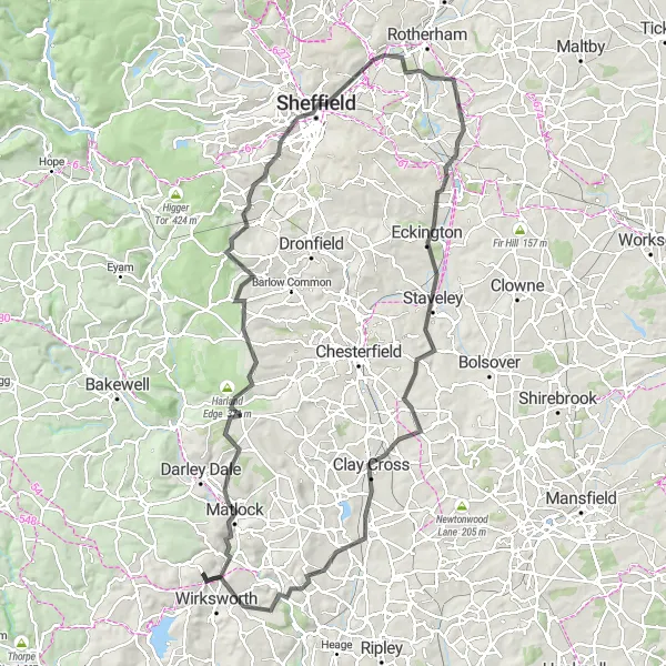 Map miniature of "The Peak District Road Trip" cycling inspiration in Derbyshire and Nottinghamshire, United Kingdom. Generated by Tarmacs.app cycling route planner
