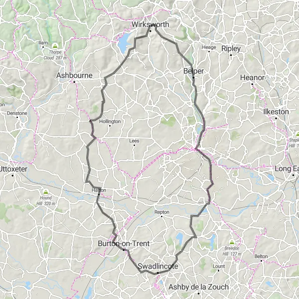 Map miniature of "Wirksworth, Little Eaton, Swarkestone, Burton-on-Trent, Hatton, Bradley Round-Trip" cycling inspiration in Derbyshire and Nottinghamshire, United Kingdom. Generated by Tarmacs.app cycling route planner