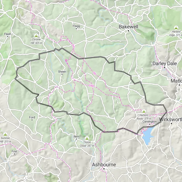 Map miniature of "Wirksworth, Haven Hill, Tissington, Wetton, Merryton Low, Longnor, Harthill Moor, Winster Round-Trip" cycling inspiration in Derbyshire and Nottinghamshire, United Kingdom. Generated by Tarmacs.app cycling route planner