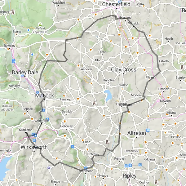 Map miniature of "Wirksworth, Cromford, Pic Tor, Birdholme, Shirland, Fritchley, Alport Height" cycling inspiration in Derbyshire and Nottinghamshire, United Kingdom. Generated by Tarmacs.app cycling route planner