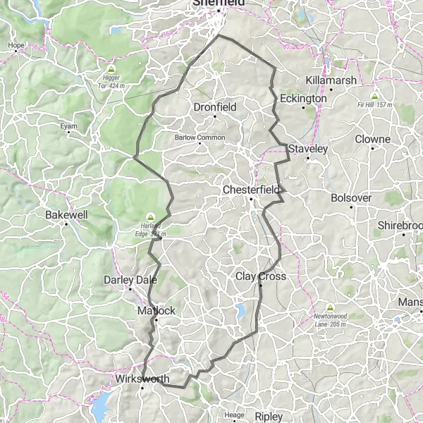 Map miniature of "The Peak District Adventure" cycling inspiration in Derbyshire and Nottinghamshire, United Kingdom. Generated by Tarmacs.app cycling route planner