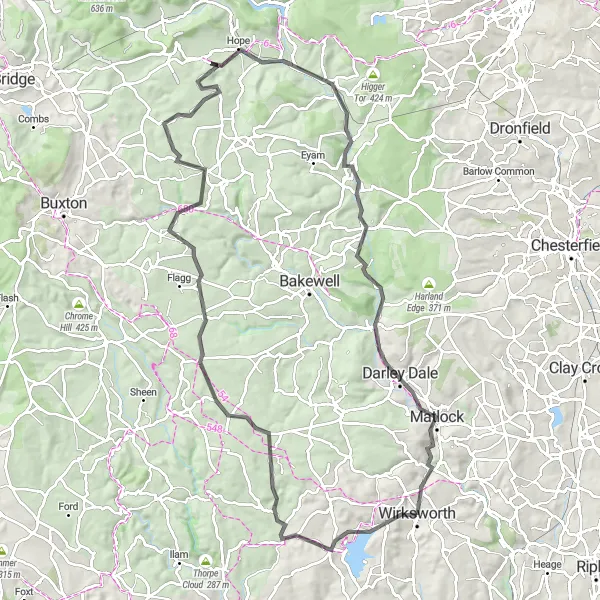 Map miniature of "Wirksworth, Haven Hill, Bradbourne, Aleck Low, Taddington, Bradwell Moor, Peveril Castle, Grindleford, Darley Dale, Pic Tor Round-Trip" cycling inspiration in Derbyshire and Nottinghamshire, United Kingdom. Generated by Tarmacs.app cycling route planner