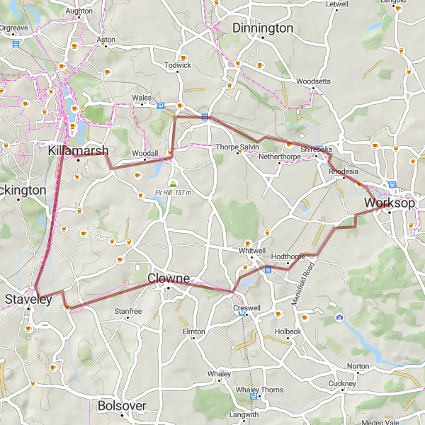 Map miniature of "The Nottinghamshire Escape" cycling inspiration in Derbyshire and Nottinghamshire, United Kingdom. Generated by Tarmacs.app cycling route planner