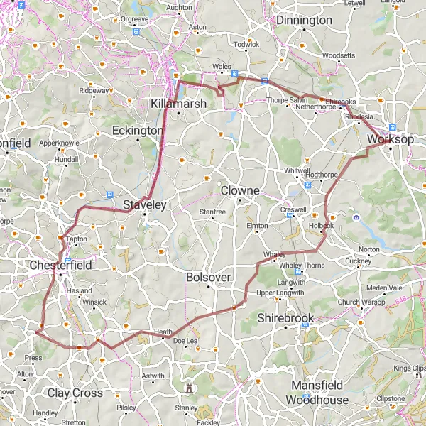 Map miniature of "The Peak District Adventure" cycling inspiration in Derbyshire and Nottinghamshire, United Kingdom. Generated by Tarmacs.app cycling route planner