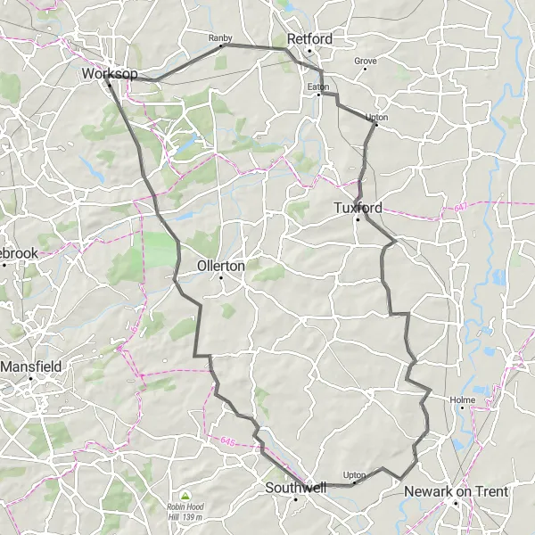 Map miniature of "Babworth Expedition" cycling inspiration in Derbyshire and Nottinghamshire, United Kingdom. Generated by Tarmacs.app cycling route planner