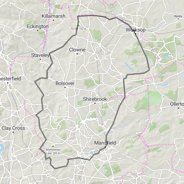 Map miniature of "The Sherwood Circuit" cycling inspiration in Derbyshire and Nottinghamshire, United Kingdom. Generated by Tarmacs.app cycling route planner