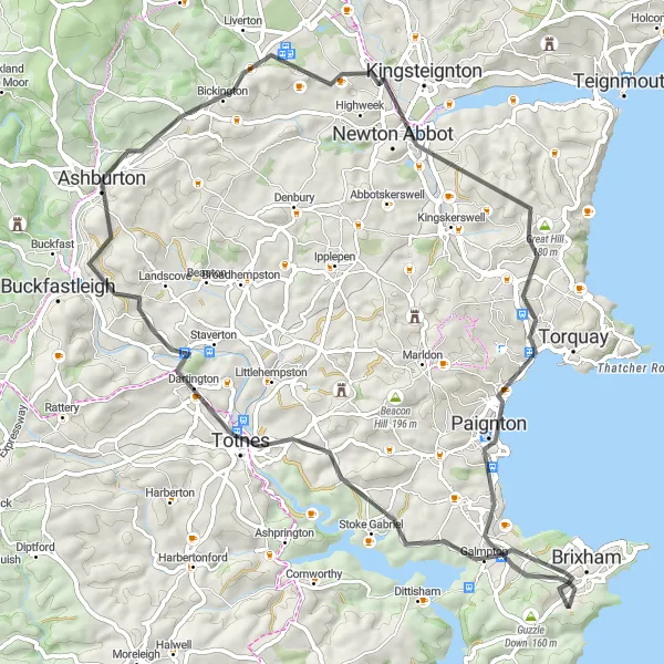 Map miniature of "Coastal Escape" cycling inspiration in Devon, United Kingdom. Generated by Tarmacs.app cycling route planner