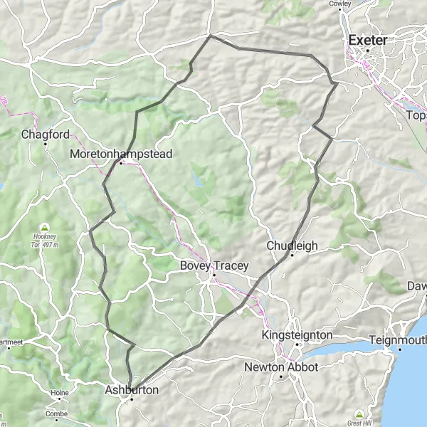 Map miniature of "Moorland Adventure" cycling inspiration in Devon, United Kingdom. Generated by Tarmacs.app cycling route planner