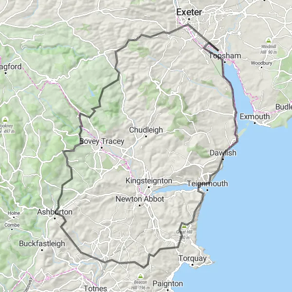 Map miniature of "Dartmoor Circumnavigation" cycling inspiration in Devon, United Kingdom. Generated by Tarmacs.app cycling route planner
