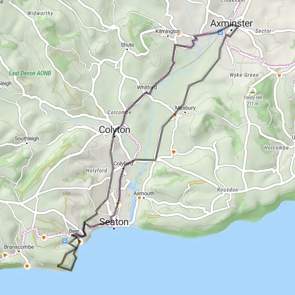 Map miniature of "Axminster to Colyton Round-trip" cycling inspiration in Devon, United Kingdom. Generated by Tarmacs.app cycling route planner