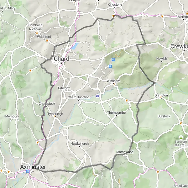 Map miniature of "Weycroft Discovery" cycling inspiration in Devon, United Kingdom. Generated by Tarmacs.app cycling route planner