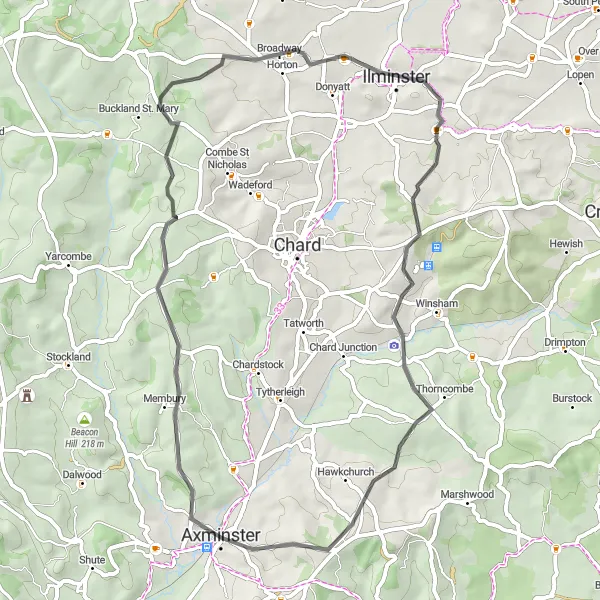 Map miniature of "Axminster to Whitestaunton Round-trip" cycling inspiration in Devon, United Kingdom. Generated by Tarmacs.app cycling route planner