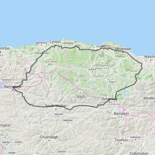 Map miniature of "Exmoor Explorer" cycling inspiration in Devon, United Kingdom. Generated by Tarmacs.app cycling route planner