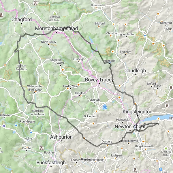 Map miniature of "Moorland and Valleys" cycling inspiration in Devon, United Kingdom. Generated by Tarmacs.app cycling route planner