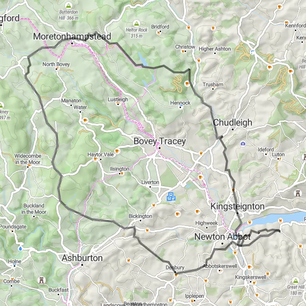 Map miniature of "The Denbury and Moretonhampstead Excursion" cycling inspiration in Devon, United Kingdom. Generated by Tarmacs.app cycling route planner