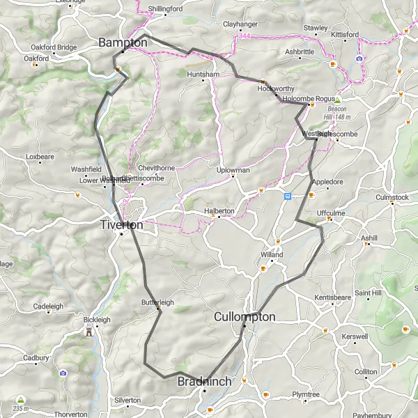 Map miniature of "Tiverton Loop" cycling inspiration in Devon, United Kingdom. Generated by Tarmacs.app cycling route planner