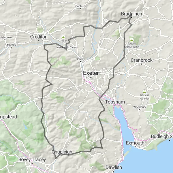 Map miniature of "Broadclyst & Exe Estuary Loop" cycling inspiration in Devon, United Kingdom. Generated by Tarmacs.app cycling route planner