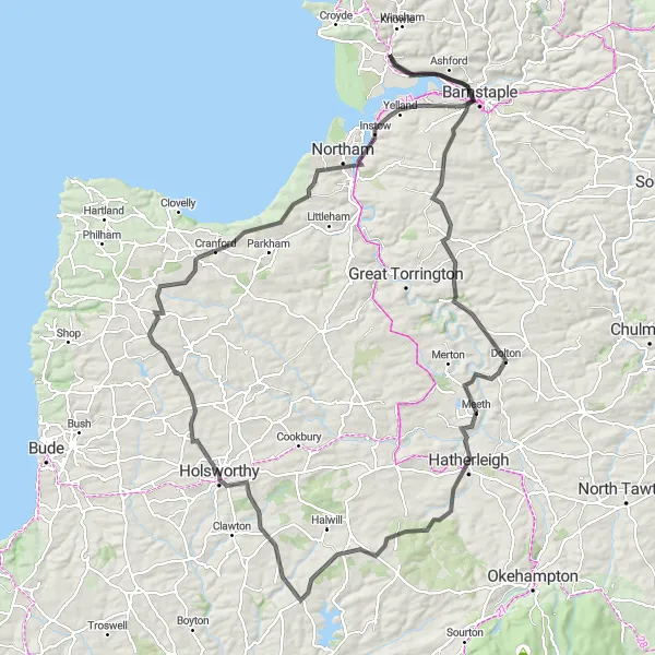 Map miniature of "North Devon Circuit" cycling inspiration in Devon, United Kingdom. Generated by Tarmacs.app cycling route planner