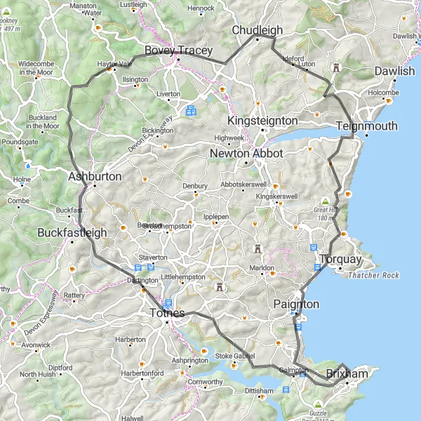 Map miniature of "Brixham's Hilly Adventure" cycling inspiration in Devon, United Kingdom. Generated by Tarmacs.app cycling route planner