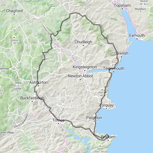 Map miniature of "Brixham to Dartmoor Loop" cycling inspiration in Devon, United Kingdom. Generated by Tarmacs.app cycling route planner