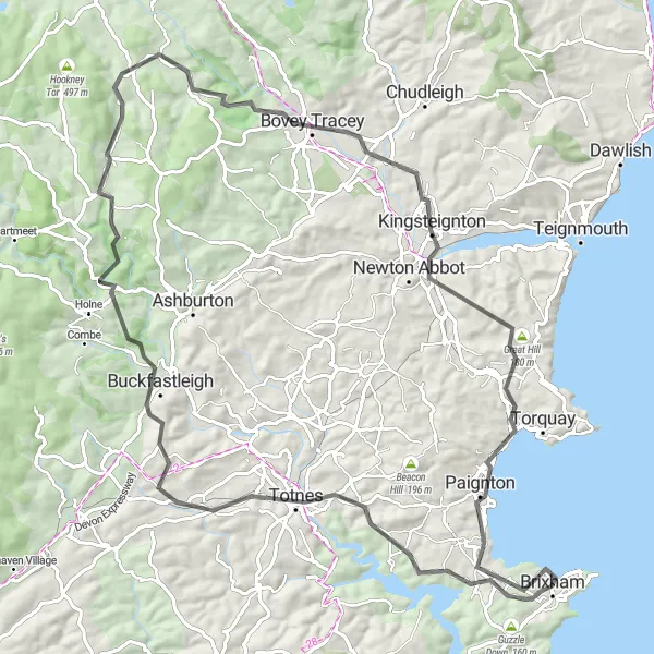 Map miniature of "Rolling Hill Adventure" cycling inspiration in Devon, United Kingdom. Generated by Tarmacs.app cycling route planner