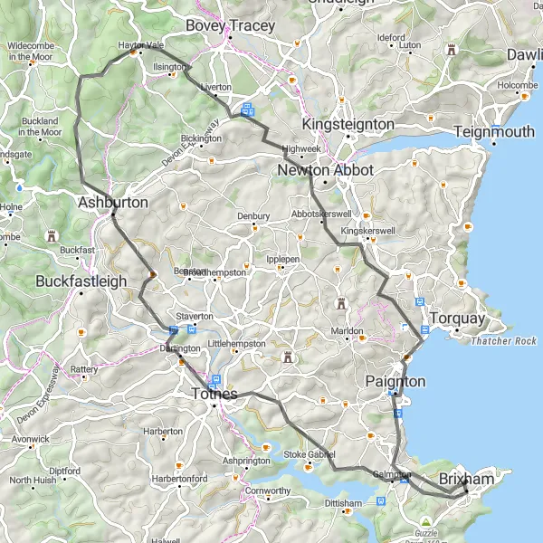 Map miniature of "Brixham to Brim Hill" cycling inspiration in Devon, United Kingdom. Generated by Tarmacs.app cycling route planner