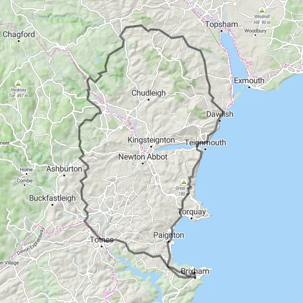 Map miniature of "Brixham to Totnes Loop" cycling inspiration in Devon, United Kingdom. Generated by Tarmacs.app cycling route planner