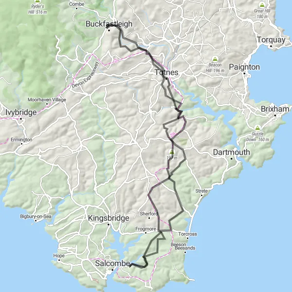 Map miniature of "Climbing Challenge: Buckfastleigh to Totnes" cycling inspiration in Devon, United Kingdom. Generated by Tarmacs.app cycling route planner