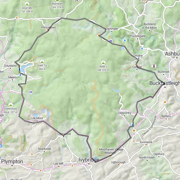 Map miniature of "The Dartmoor Hills Loop" cycling inspiration in Devon, United Kingdom. Generated by Tarmacs.app cycling route planner