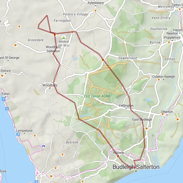 Map miniature of "Budleigh Salterton to East Budleigh Loop" cycling inspiration in Devon, United Kingdom. Generated by Tarmacs.app cycling route planner