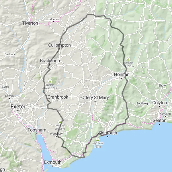 Map miniature of "Budleigh Salterton to Hemyock Loop" cycling inspiration in Devon, United Kingdom. Generated by Tarmacs.app cycling route planner