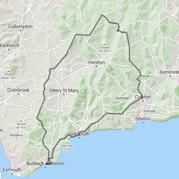 Map miniature of "Scenic Routes of East Devon" cycling inspiration in Devon, United Kingdom. Generated by Tarmacs.app cycling route planner