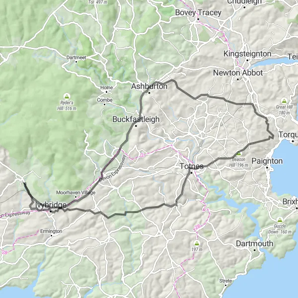 Map miniature of "The West Devon Loop" cycling inspiration in Devon, United Kingdom. Generated by Tarmacs.app cycling route planner