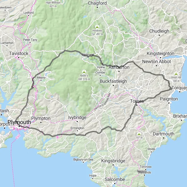 Map miniature of "The Dartmoor Adventure" cycling inspiration in Devon, United Kingdom. Generated by Tarmacs.app cycling route planner