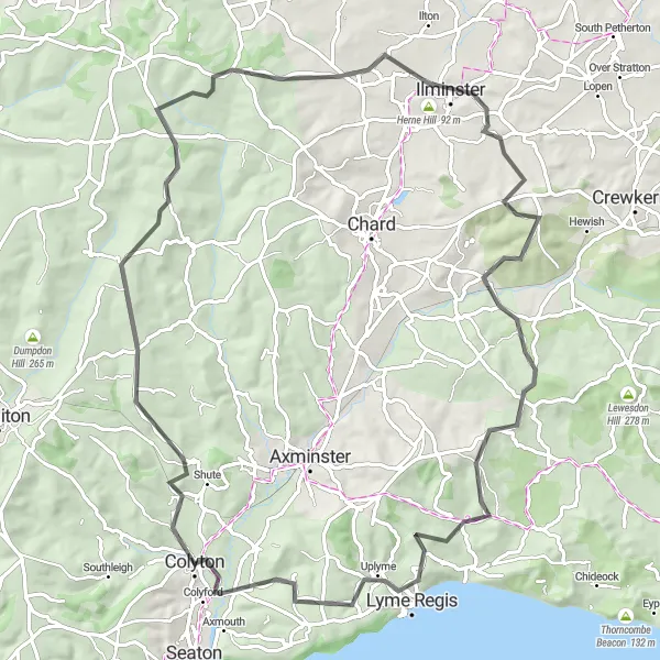 Map miniature of "The Jurassic Loop" cycling inspiration in Devon, United Kingdom. Generated by Tarmacs.app cycling route planner