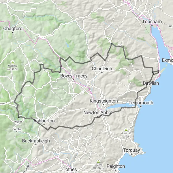 Map miniature of "Dawlish to Mamhead Road Loop" cycling inspiration in Devon, United Kingdom. Generated by Tarmacs.app cycling route planner