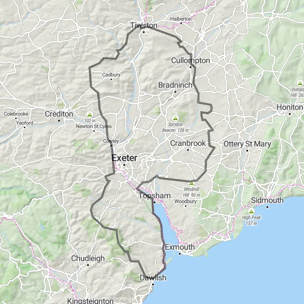 Map miniature of "Dawlish to Windmill Hill Loop" cycling inspiration in Devon, United Kingdom. Generated by Tarmacs.app cycling route planner