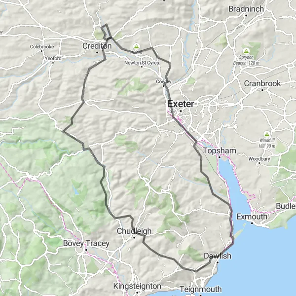 Map miniature of "Dawlish to Exe Estuary Loop" cycling inspiration in Devon, United Kingdom. Generated by Tarmacs.app cycling route planner
