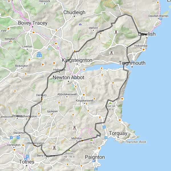 Map miniature of "Teignmouth and More" cycling inspiration in Devon, United Kingdom. Generated by Tarmacs.app cycling route planner