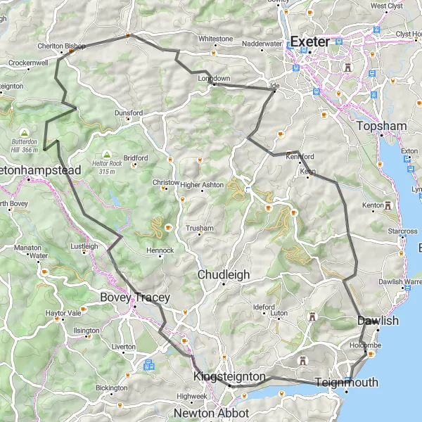 Map miniature of "Coast to Moor Discovery" cycling inspiration in Devon, United Kingdom. Generated by Tarmacs.app cycling route planner