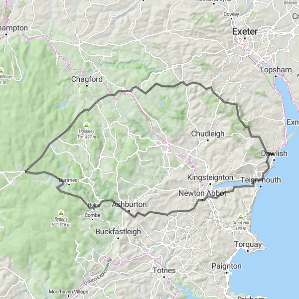 Map miniature of "Cross-Country Adventure" cycling inspiration in Devon, United Kingdom. Generated by Tarmacs.app cycling route planner