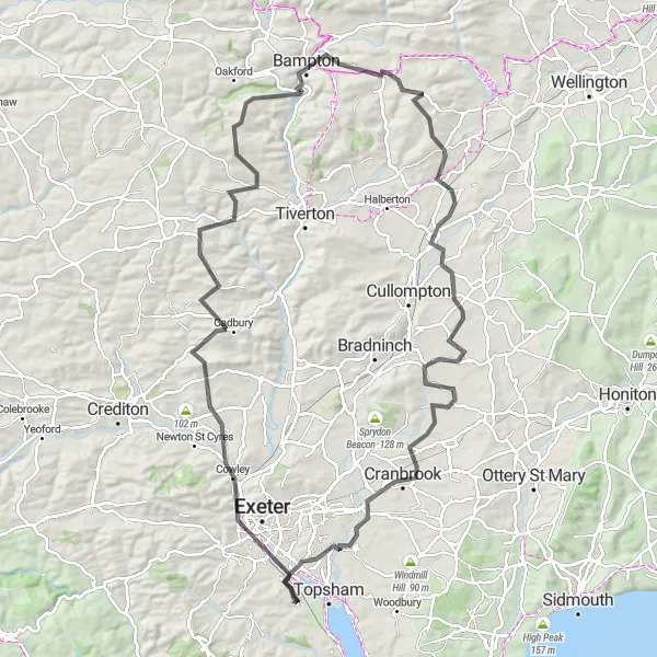 Map miniature of "The Exe Bridge Loop" cycling inspiration in Devon, United Kingdom. Generated by Tarmacs.app cycling route planner