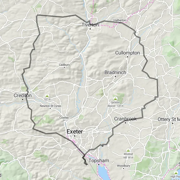 Map miniature of "The Devonshire Circuit" cycling inspiration in Devon, United Kingdom. Generated by Tarmacs.app cycling route planner