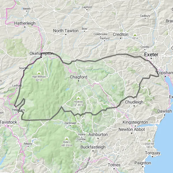 Map miniature of "The Dartmoor Challenge" cycling inspiration in Devon, United Kingdom. Generated by Tarmacs.app cycling route planner