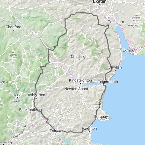 Map miniature of "The Coastal Adventure" cycling inspiration in Devon, United Kingdom. Generated by Tarmacs.app cycling route planner