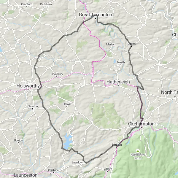 Map miniature of "Torrington Hill Loop" cycling inspiration in Devon, United Kingdom. Generated by Tarmacs.app cycling route planner