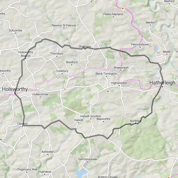 Map miniature of "Hilltops and Villages" cycling inspiration in Devon, United Kingdom. Generated by Tarmacs.app cycling route planner